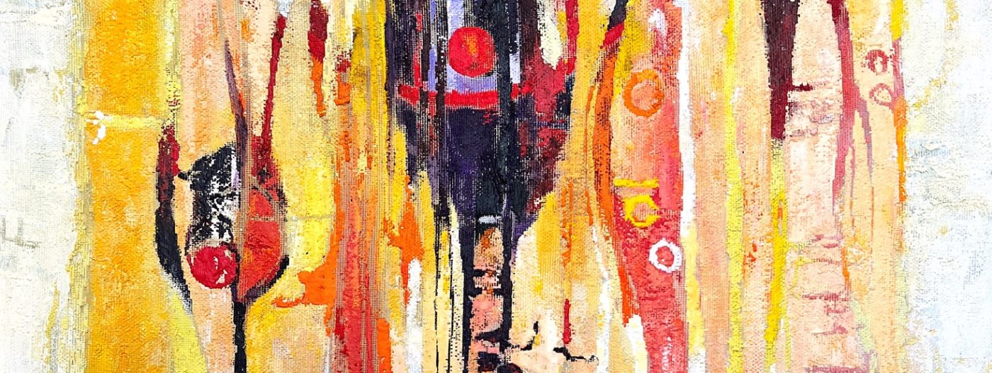 An abstract oil painting with white, yellow, red and black shapes.
